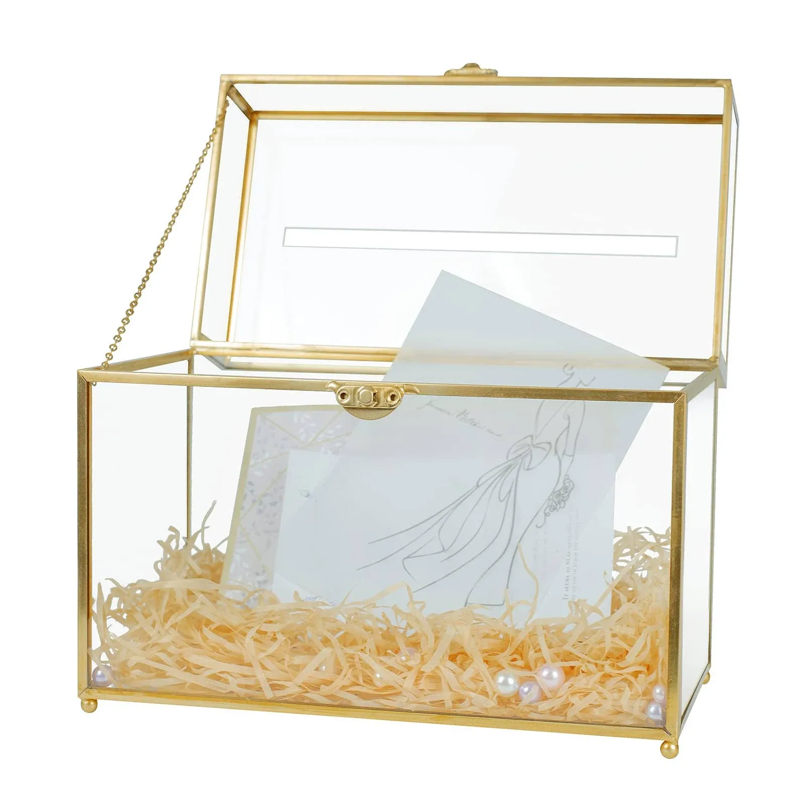 Jajamy Glass Wedding Card Box with Slot, Large Clear Card Box Gold Brass Gift