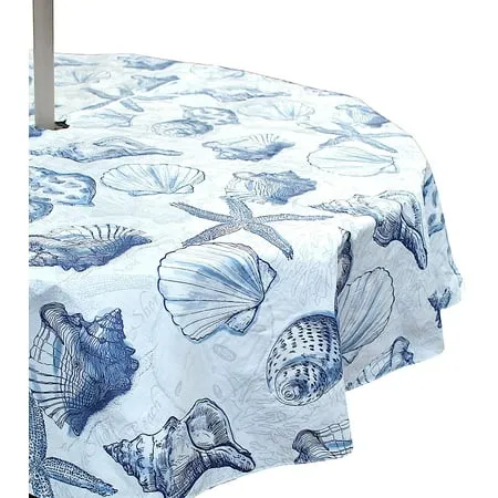 Outdoor Summer Ocean Beach Shells Sketched Coastal Patio Table Umbrella Vinyl Tablecloth, Umbrella Hole with Zipper, Navy Blue White, 52" x 70" Inch Rectangle