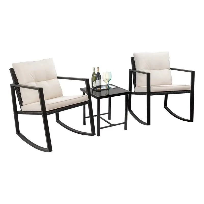 Flamaker Patio Chairs All-Weather Wicker Patio Furniture Set 3 Piece Metal Frame Outdoor Rocking Chairs with Coffee Table and Cushions for Porch, Balcony, Outside (White)