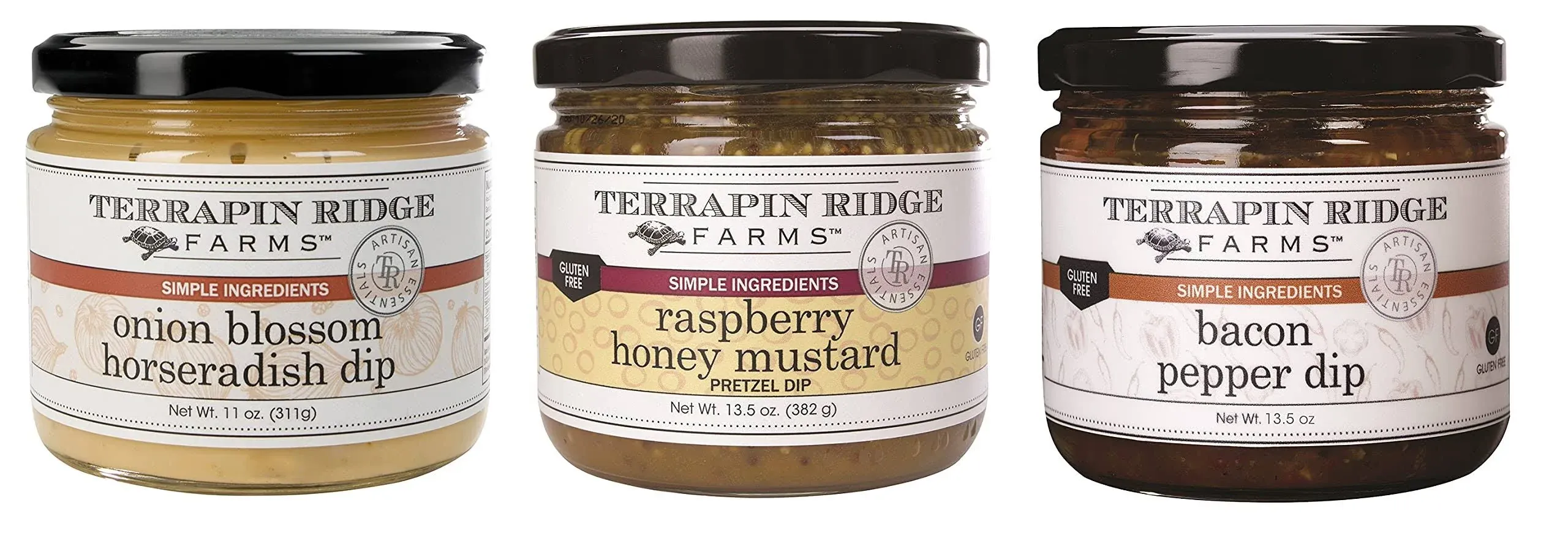 Terrapin Ridge Farms Gourmet Gift Dip Variety Sampler Set for Charcuterie Boards, Meats, Chips, and Cheese – One Jar Each of Raspberry Honey Mustard Pretzel Dip, Onion Blossom Horseradish Dip, and Bacon Pepper Dip (3 Items)