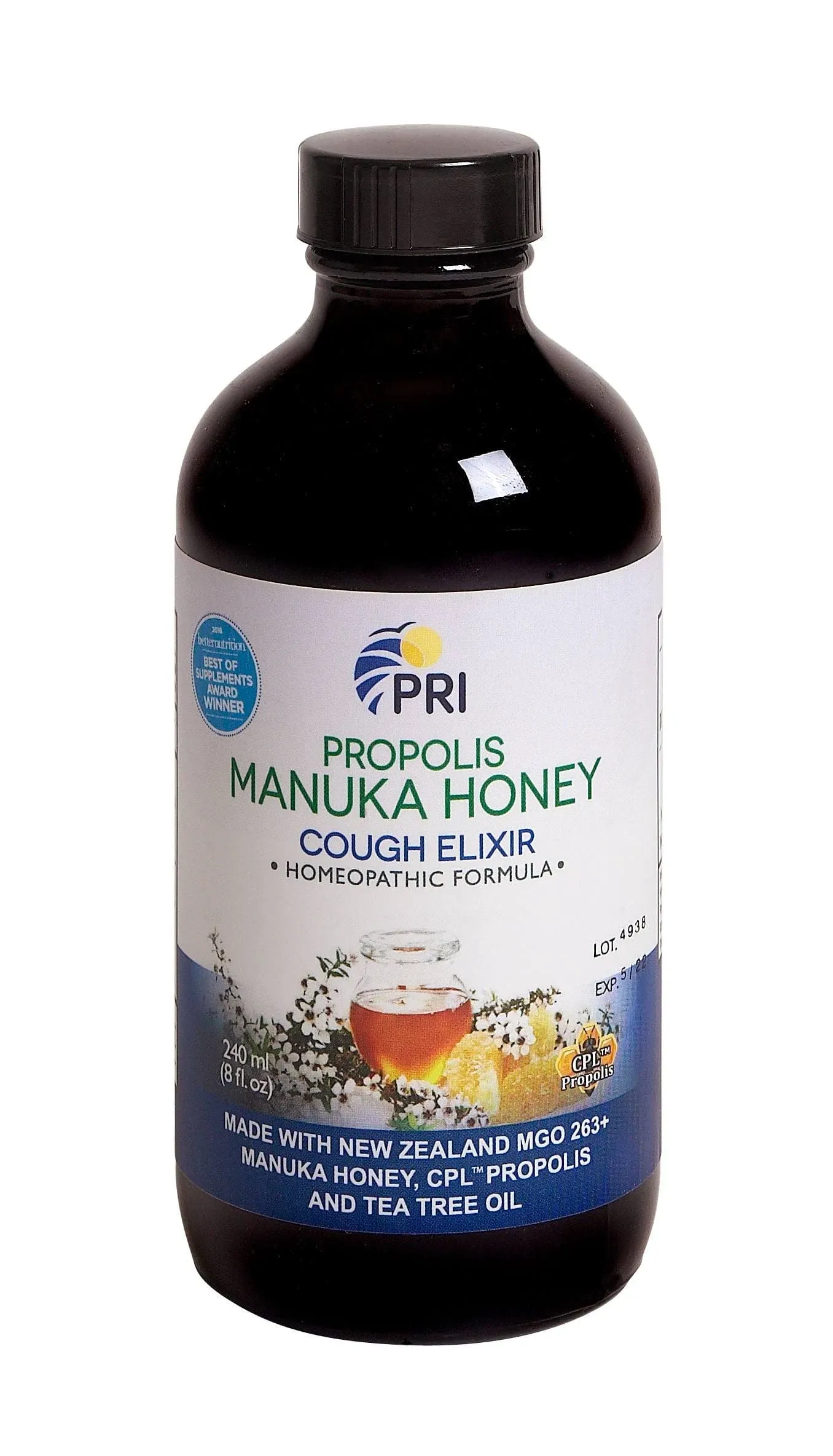 PRI Natural Dry Cough Syrup with Manuka Honey, Propolis, Tea Tree Oil and Vitamin C - Sore Throat & Immune Support, Original Flavor, 8oz