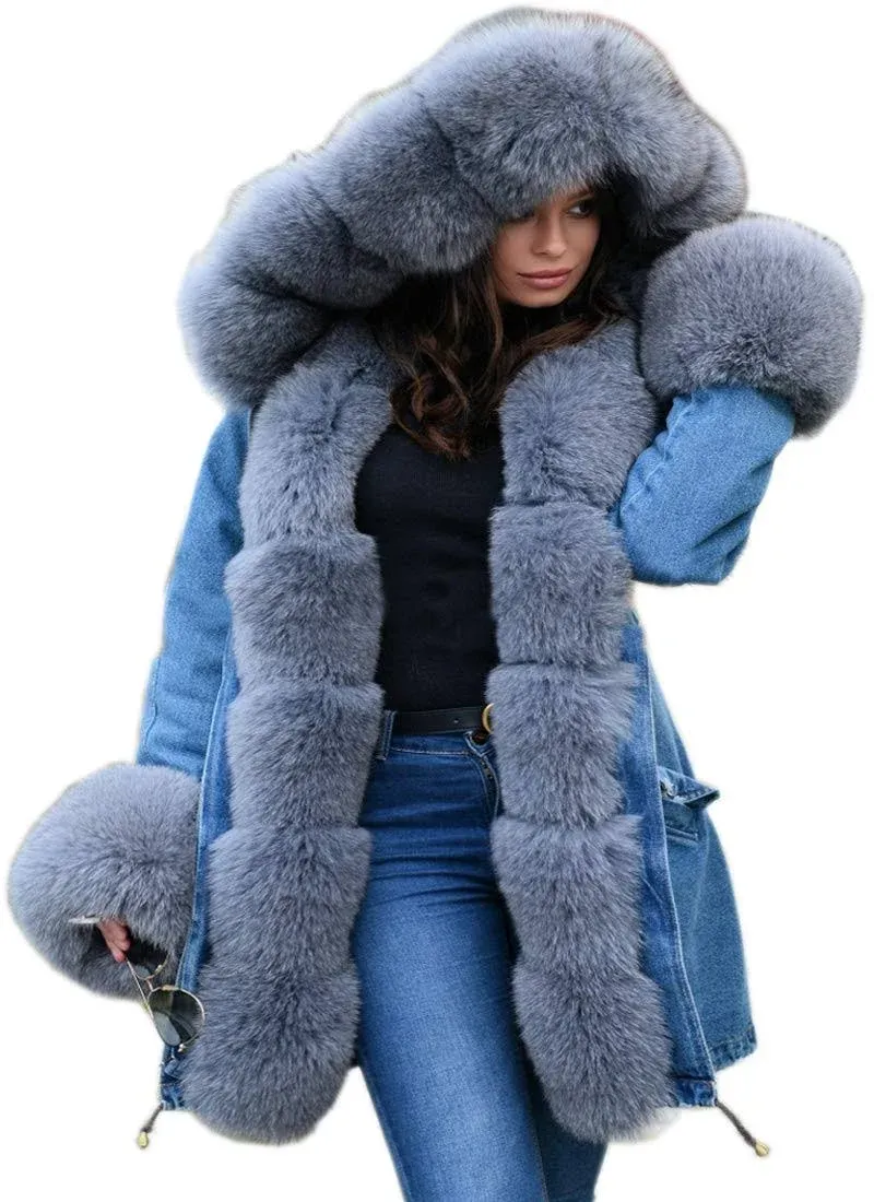 Aofur Plus Size Women's Long Hooded Parka Coat Warm Denim Winter Overcoat Faux Fur Collar Qulited Jacket