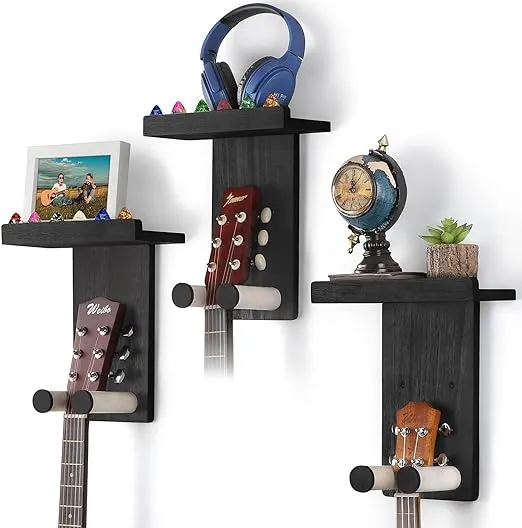 Keebofly Guitar Wall Mount,3 Pack Guitar Hanger Guitar Stand Wall with Pick Holder Guitar Rack for Acoustic or Electric Guitars,Ukulele,Bass,Mandolin,Rustic Wood Black,[Patented]