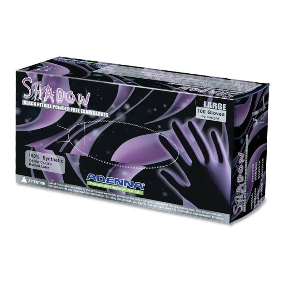 Adenna SHD936 Shadow Nitrile Powder Free Exam Gloves, Large, Black, 100 Count