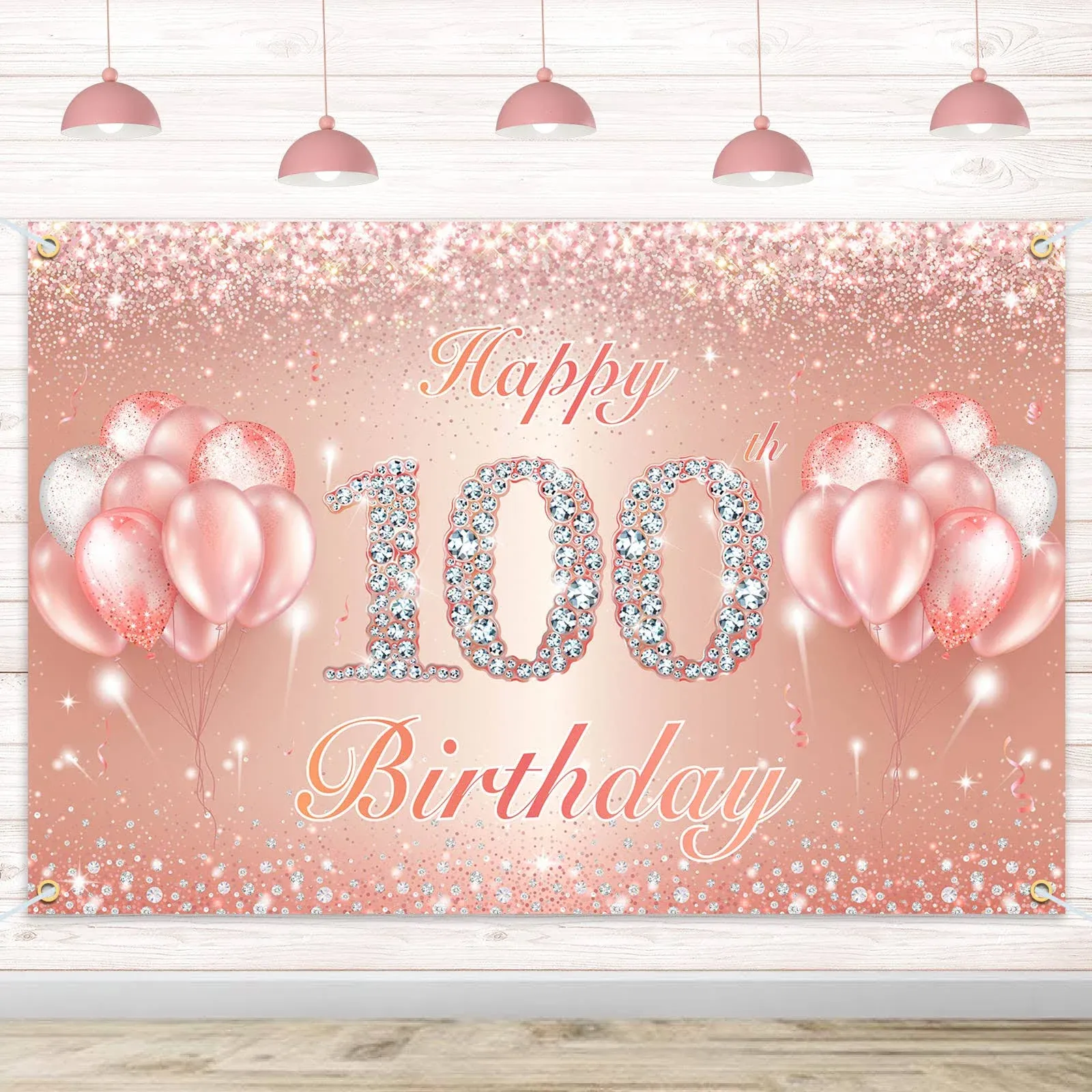 Happy 100th Birthday Banner Backdrop - 100 Birthday Party Decorations Supplies for Women or Men - Rose Gold 4 x 6ft