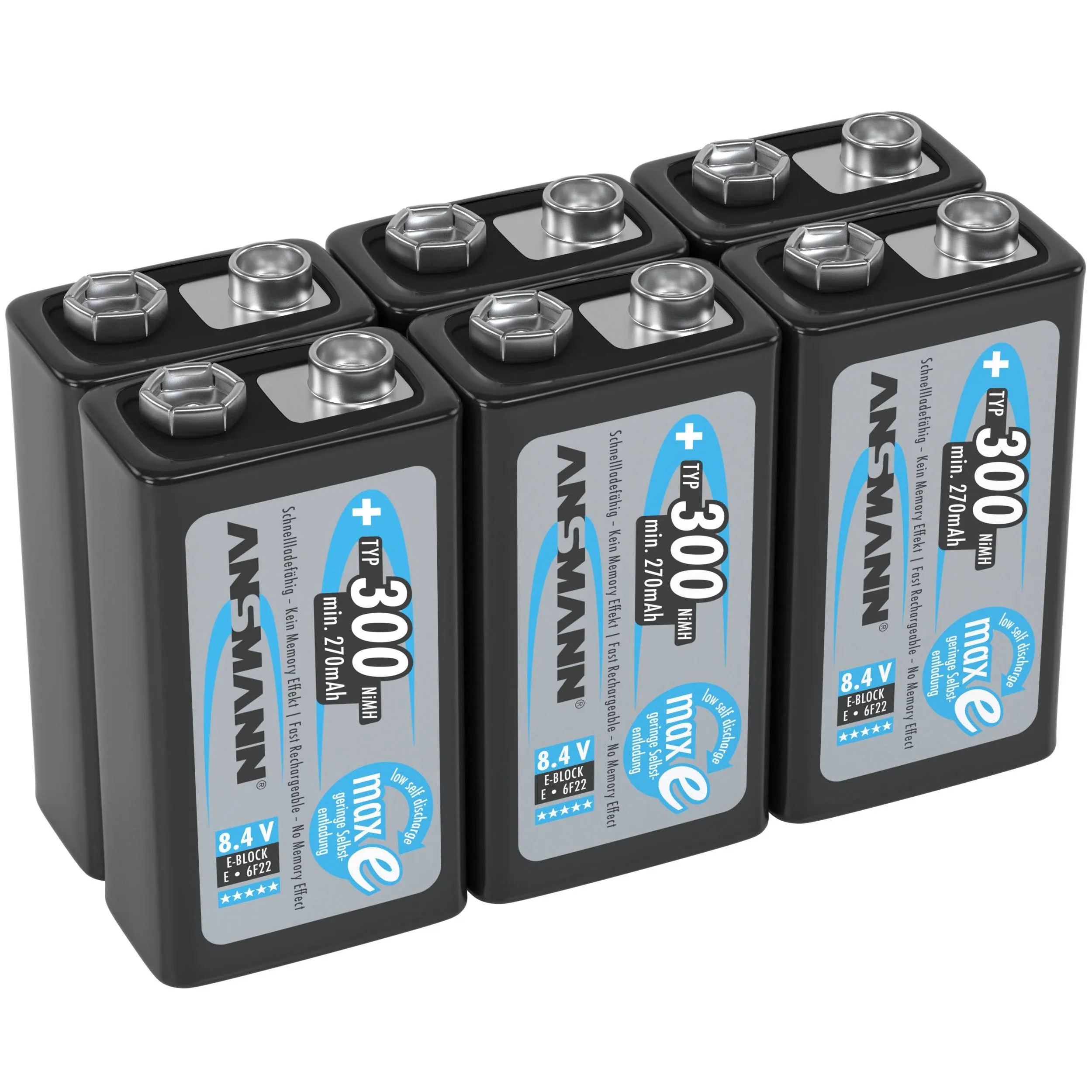 ANSMANN 9V Rechargeable Batteries 300mAh pre-Charged Low Self-Discharge NiMH 9 Volt Battery 9V Battery (6-Pack)