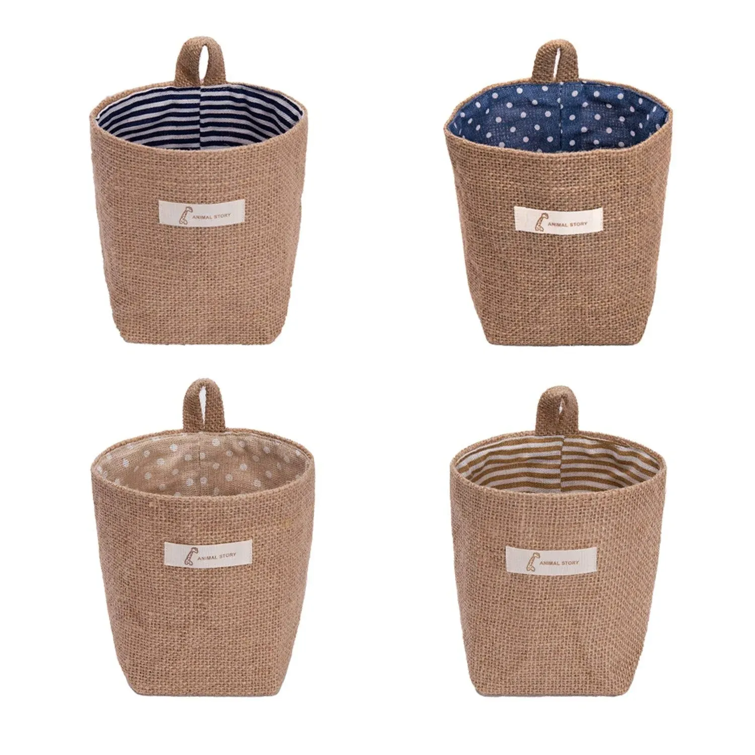 sansheng 4 Pack Wall-Hanging Storage Bags Cotton Linen Storage Basket Foldable B