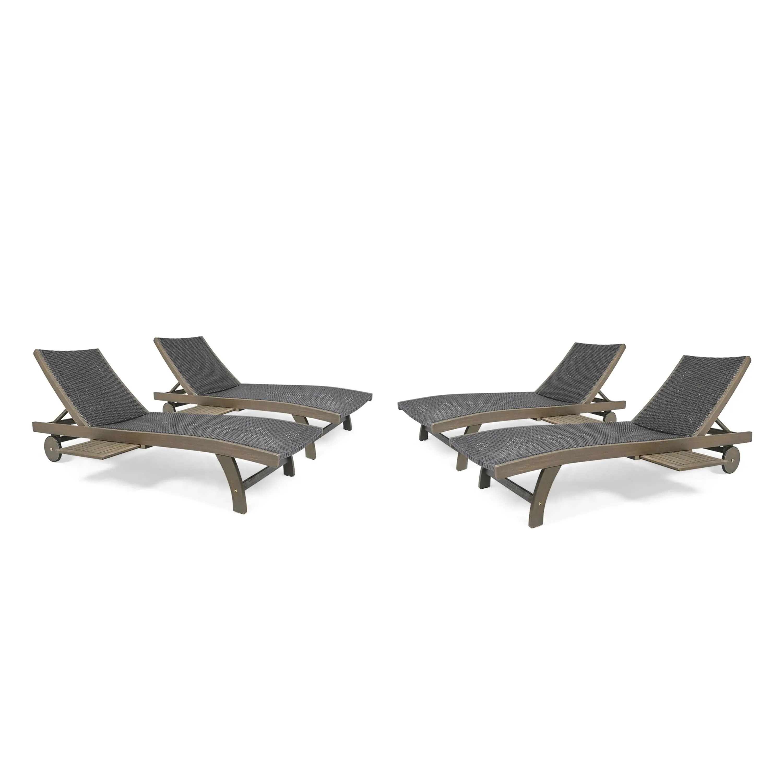 Yedda Outdoor Wicker and Wood Chaise Lounge with Pull-Out Tray - Gray, Set of 4