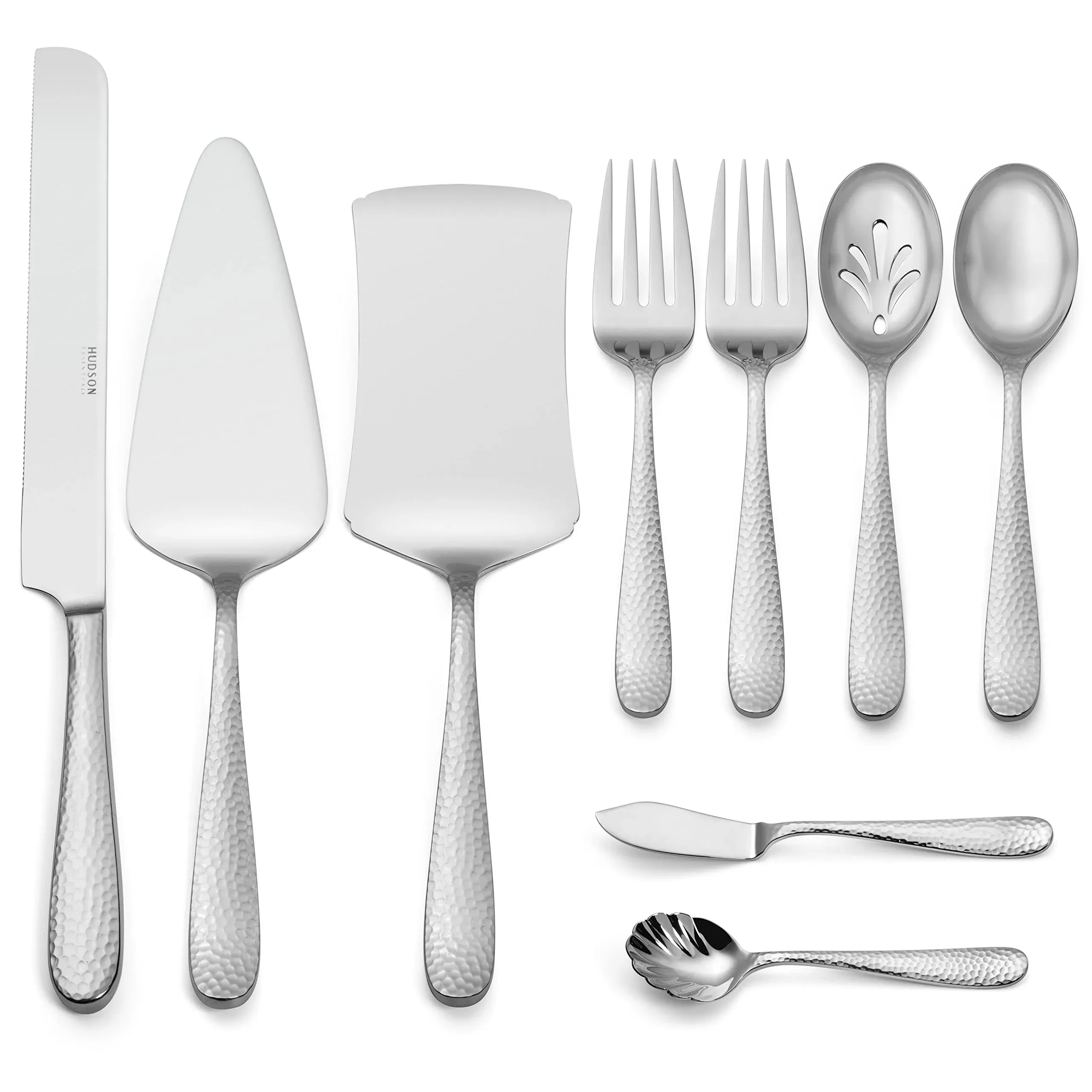 Hudson Essentials 9-Piece Bergamo Hammered 18/10 Stainless Steel Hostess Serving Utensil Set - Flatware Silverware with Wedding Cake Knife & Cake Server - Perfect for Weddings, Engagements and Parties