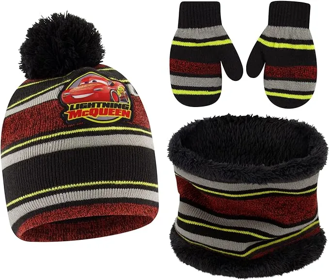 Disney Lightning McQueen Winter Hat, Scarf and Mittens Set, Toddler Boys Age 2-4