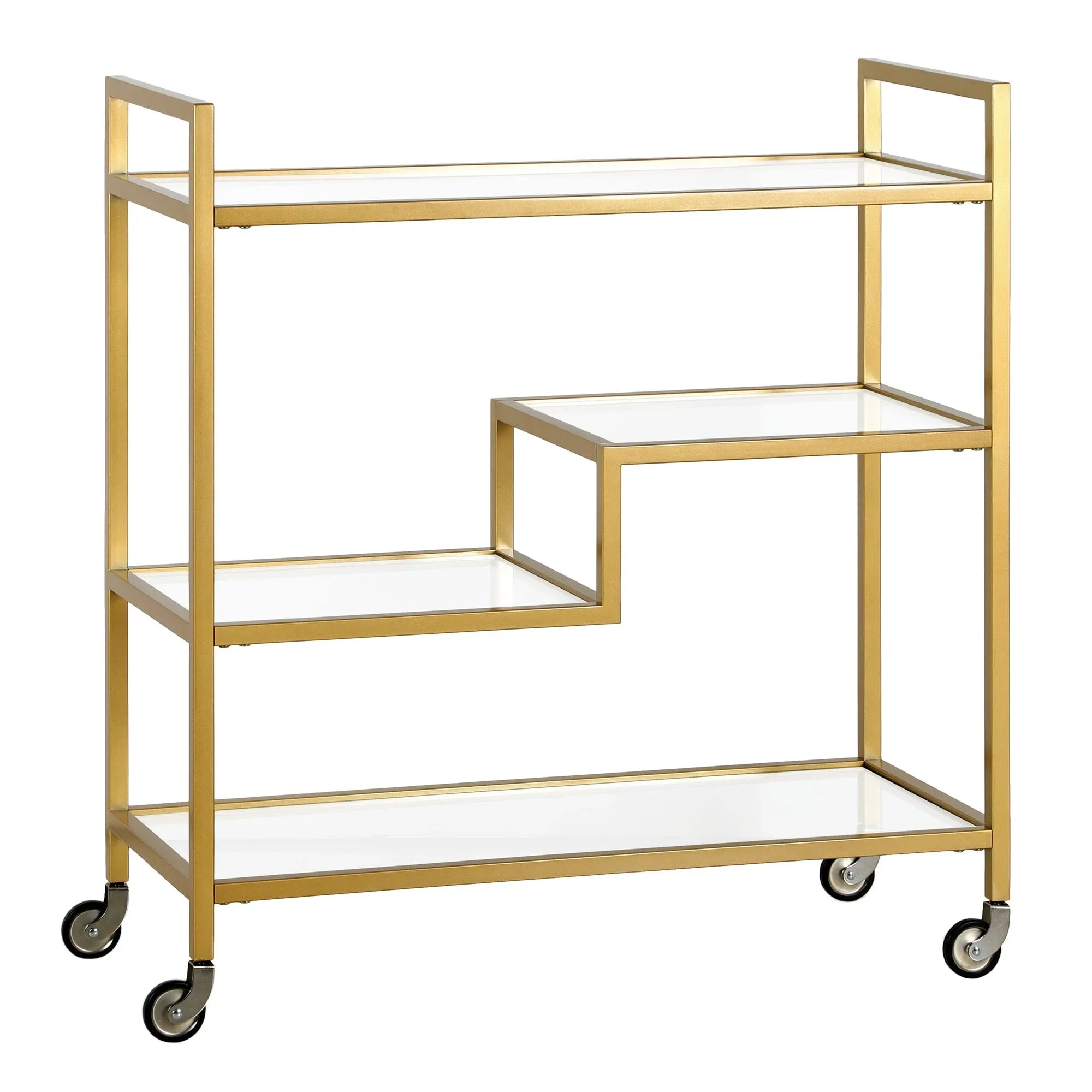 Lovett 33" Wide Rectangular Bar Cart with Glass Shelves in Brass