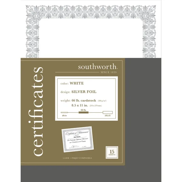 Southworth® Premium Foil Certificates, 8 1/2" x 11", 66 Lb White/Silver Foil Fleur, Pack Of 15