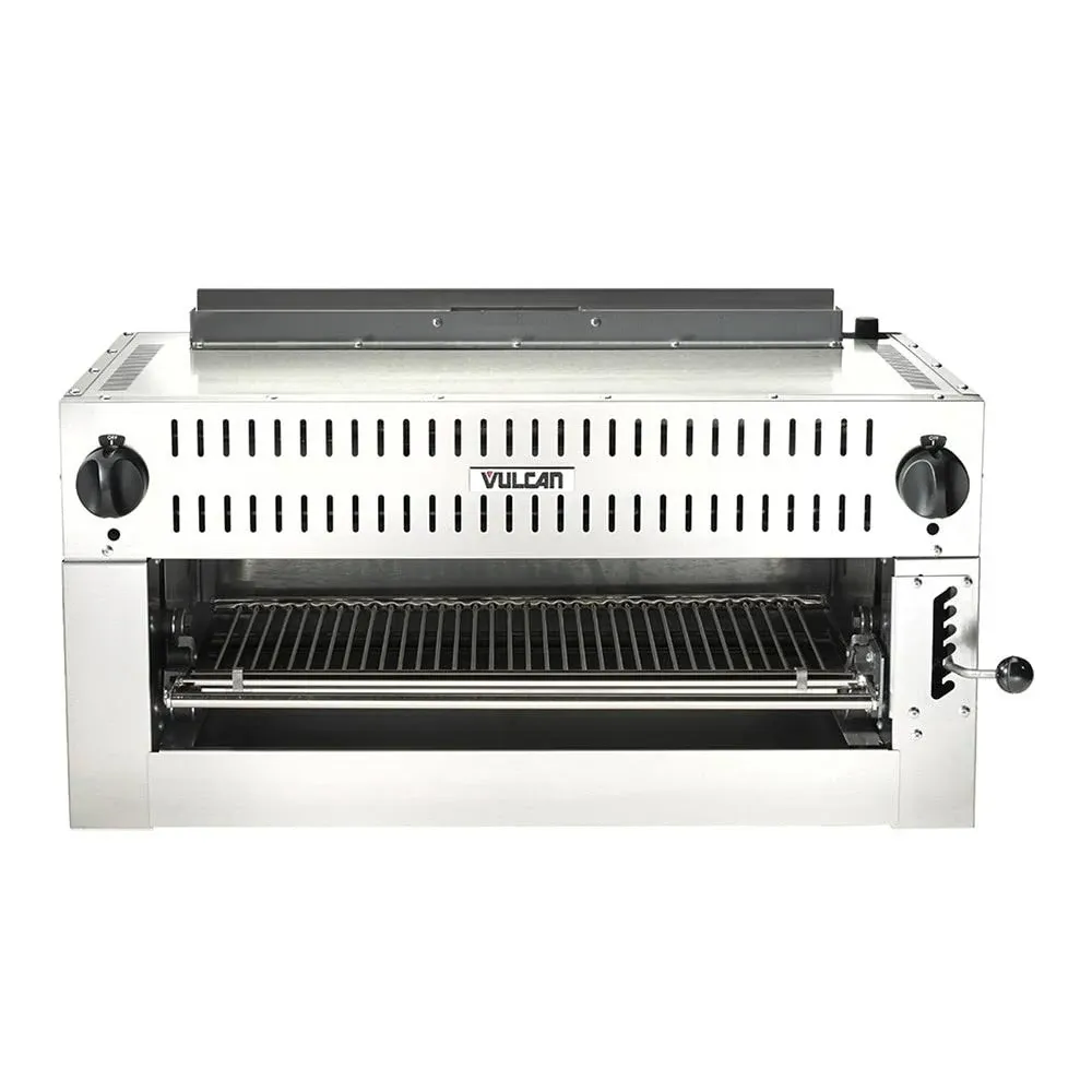 Salamander Broiler, LP gas, 36in. wide,50,000 BTU heavy duty burner, dual control, (6) grid positions, removable pan, stainless steel front, top and sides, 3/4in. gas connection and pressure regulator