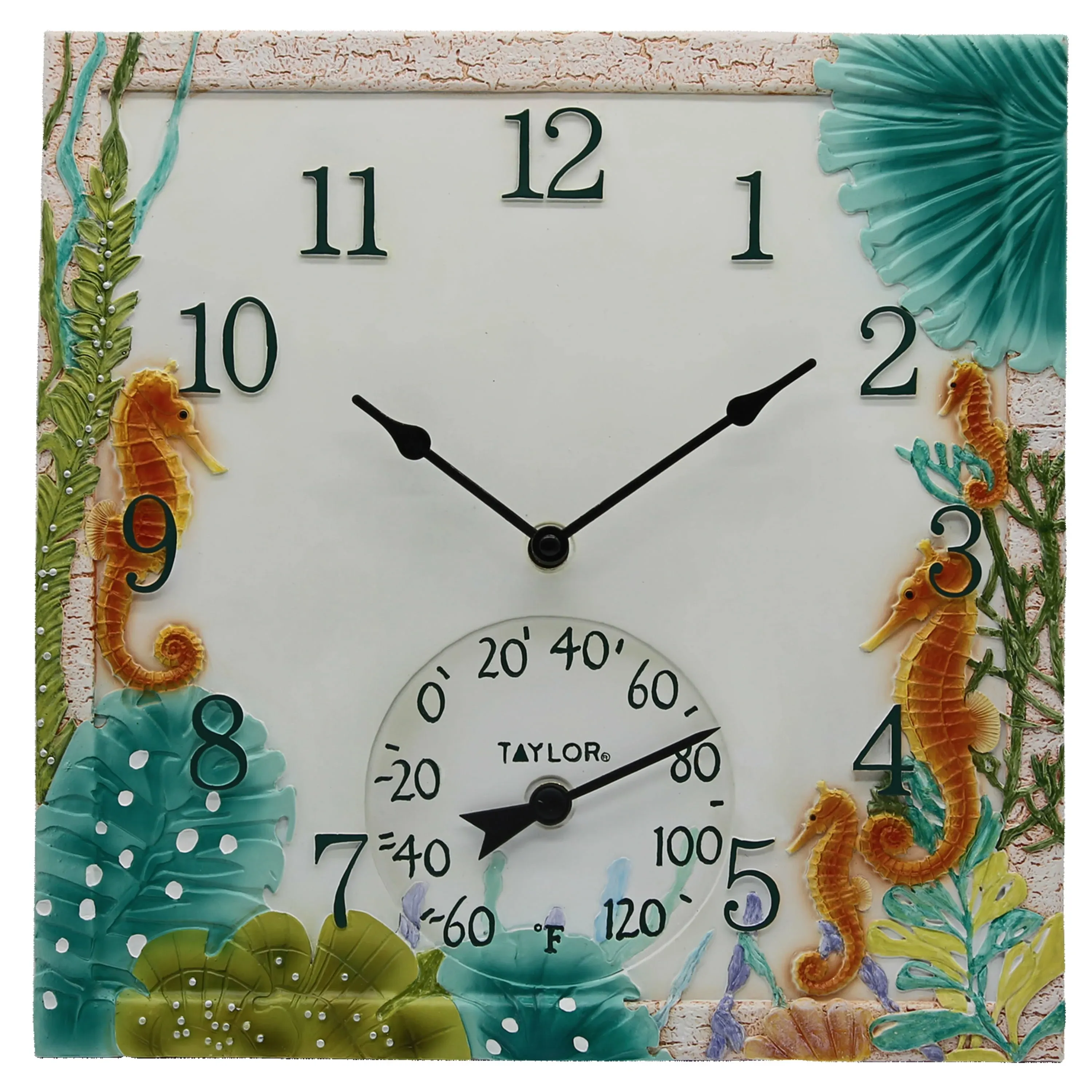 Taylor Seahorse Poly Resin Indoor and Outdoor Clock and Thermometer, 14 Inch,...