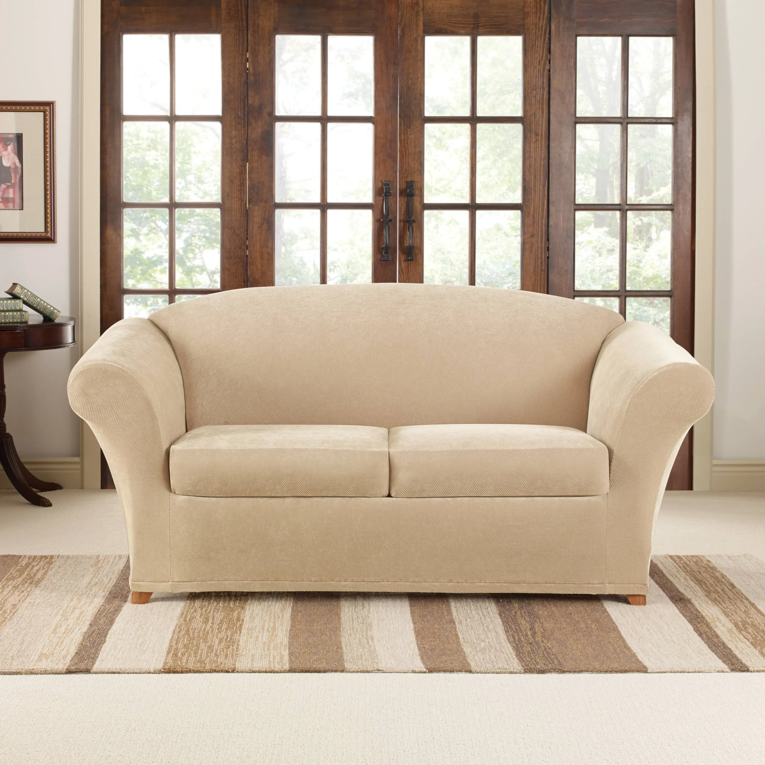 SureFit Stretch Pique Loveseat Slipcovers, Three Piece Loveseat Cover includes Slipcover and Two Cushion Covers for a Secure Fit, Geometric Patterned Cushions and Loveseat Covers, Cream