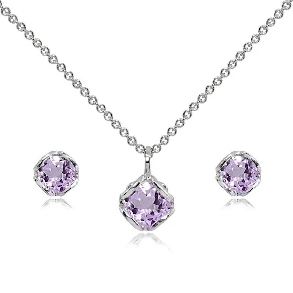 Sterling Silver Amethyst 6Mm Round Solitaire Stud Earrings & Pendant Necklace Set