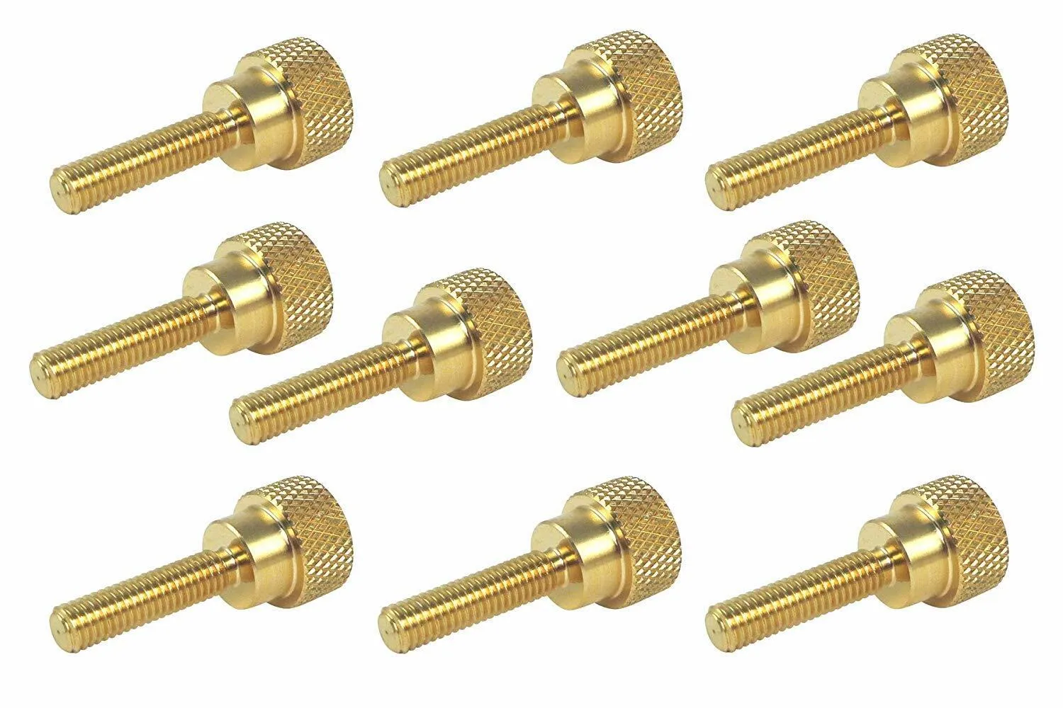 10 Pack 1/4-20 x 1-1/2 Inch Threads Solid Brass Diamond Knurled Thumb Screws Knobs with Straight Shoulders Right-Hand Threads SAE Flat Tip Uncoated (1/4-20 x 1-1/2 inch long threads)