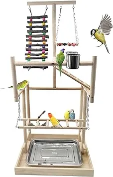 Hamiledyi 4 Layers Large Bird Playground 32" H Pet Parrot Playstand Gym Perch Wood Playpen for Parakeets Lovebirds Conure Cockatiel Cockatoos Finch Budgies or Other Small and Medium Sized Birds