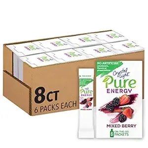 Crystal Light Pure Energy Mixed Berry Drink Mix with Caffeine, 48 ct Pack, 8 Boxes of 6 Packets