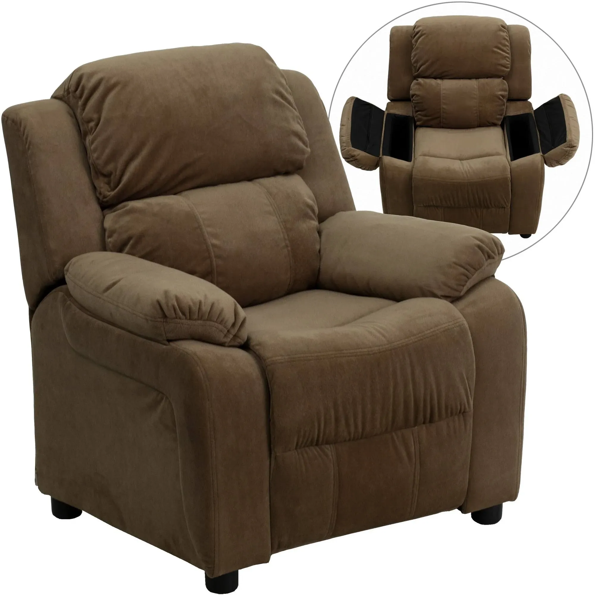 Flash Furniture Charlie Deluxe Padded Contemporary Brown Microfiber Kids Recliner with Storage Arms