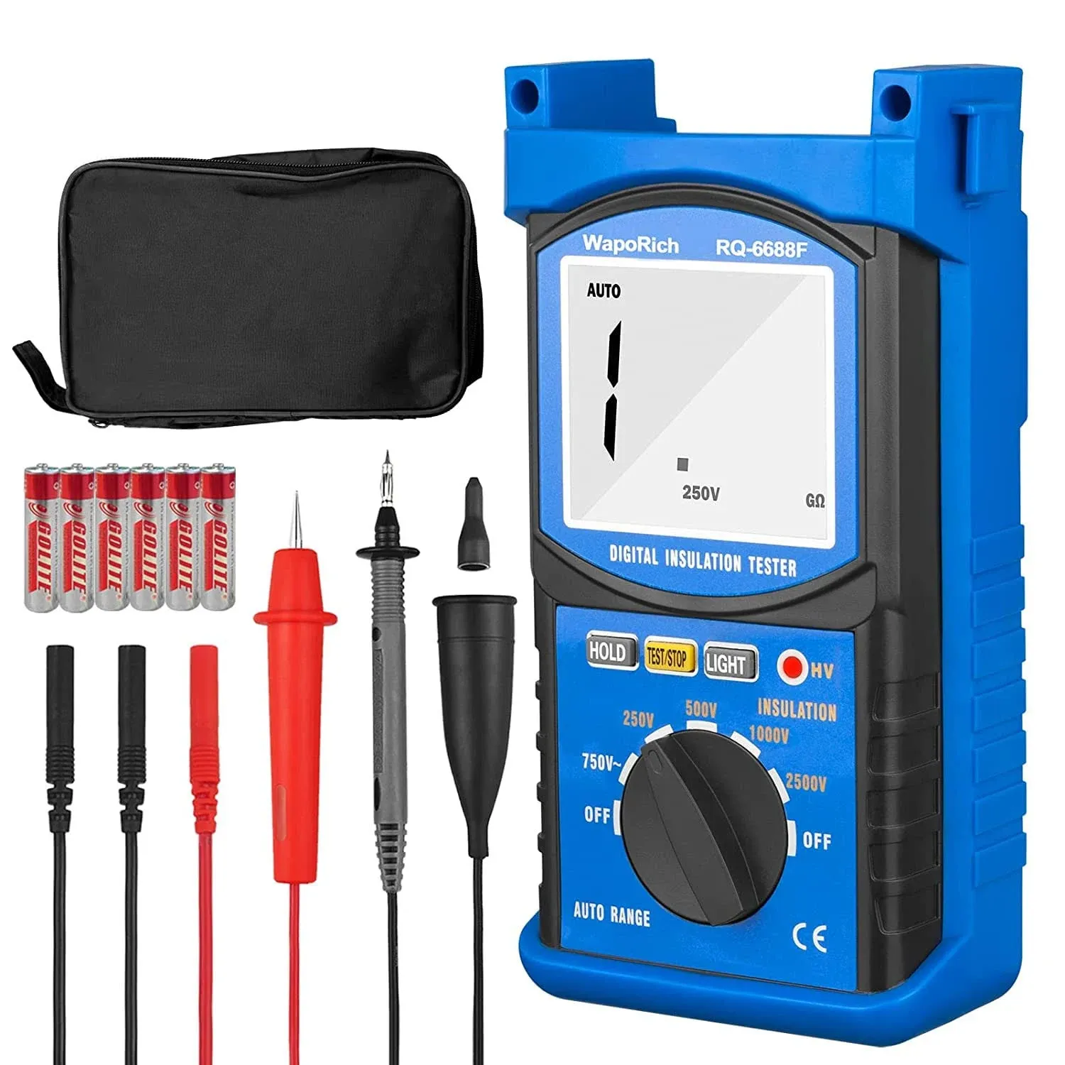 Digital Insulation Resistance Tester, RQ-6688F Voltage Tester 250/500/ 1000/ 2500V, Auto Range Megohmmeter 1MΩ~20GΩ, Resistance Tester with 1999 Count LCD Display, Data Hold, Back-Light （Battery）