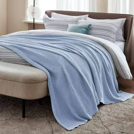 Cozy Comfort 100% Cotton Blankets Queen Blue - Waffle Weave Blankets for All Seasons, 90x90 inches