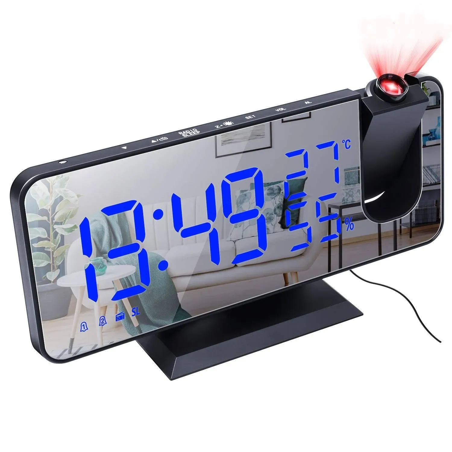 Number-one Projection Digital Alarm Clock for Bedrooms, FM Radio Alarm Clock, 7.5'' Dual Alarms with Snooze, USB Charging Port, Temperature & Humidity