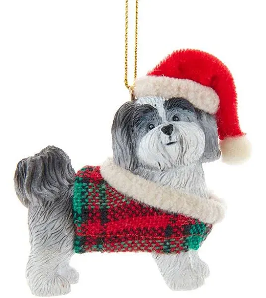 Grey Shih-Tzu With Plaid Coat And Santa Hat Ornament