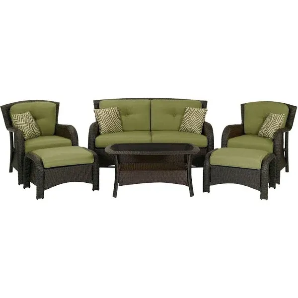 Strathmere 6-Piece Deep Wicker Patio Seating Set with Cilantro Green Cushionsw, 4-Pillows, Coffee Table