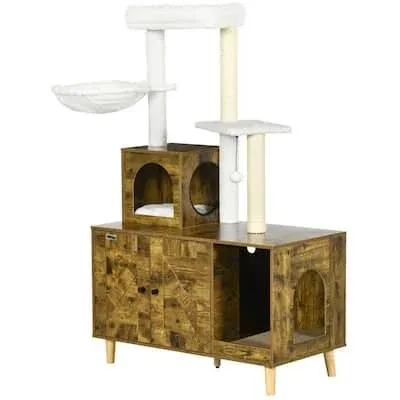 PawHut 54.25" Wooden Cat Tree with Litter Box Enclosure Cushioned Cat Condo & Plush Platforms with Hammock