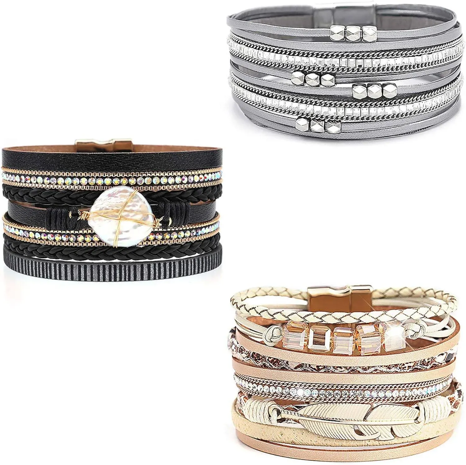 Wowanoo 3Pack Leather Cuff Bracelet Set Multilayer Wrap Bracelet Crystal Feather Tree Bracelet Magnetic Clasp Bracelet for Women