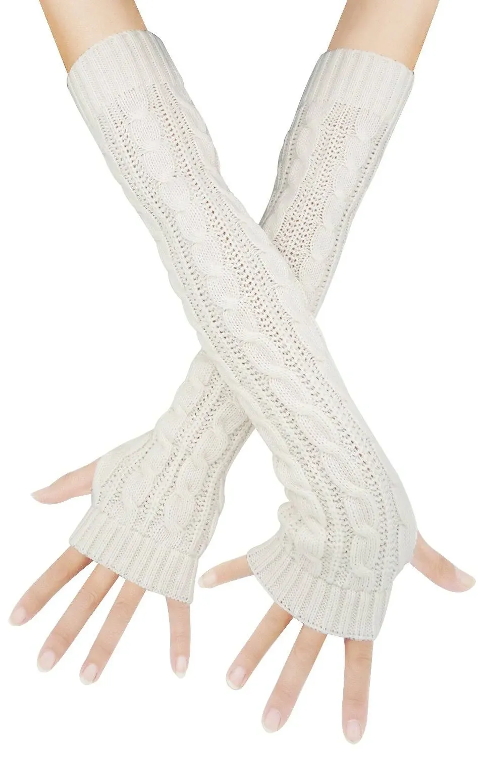 Bellady Womens Winter Warm Over Elbow Long Fingerless Thumb Hole Gloves Mittens Knitted Arm Warmer