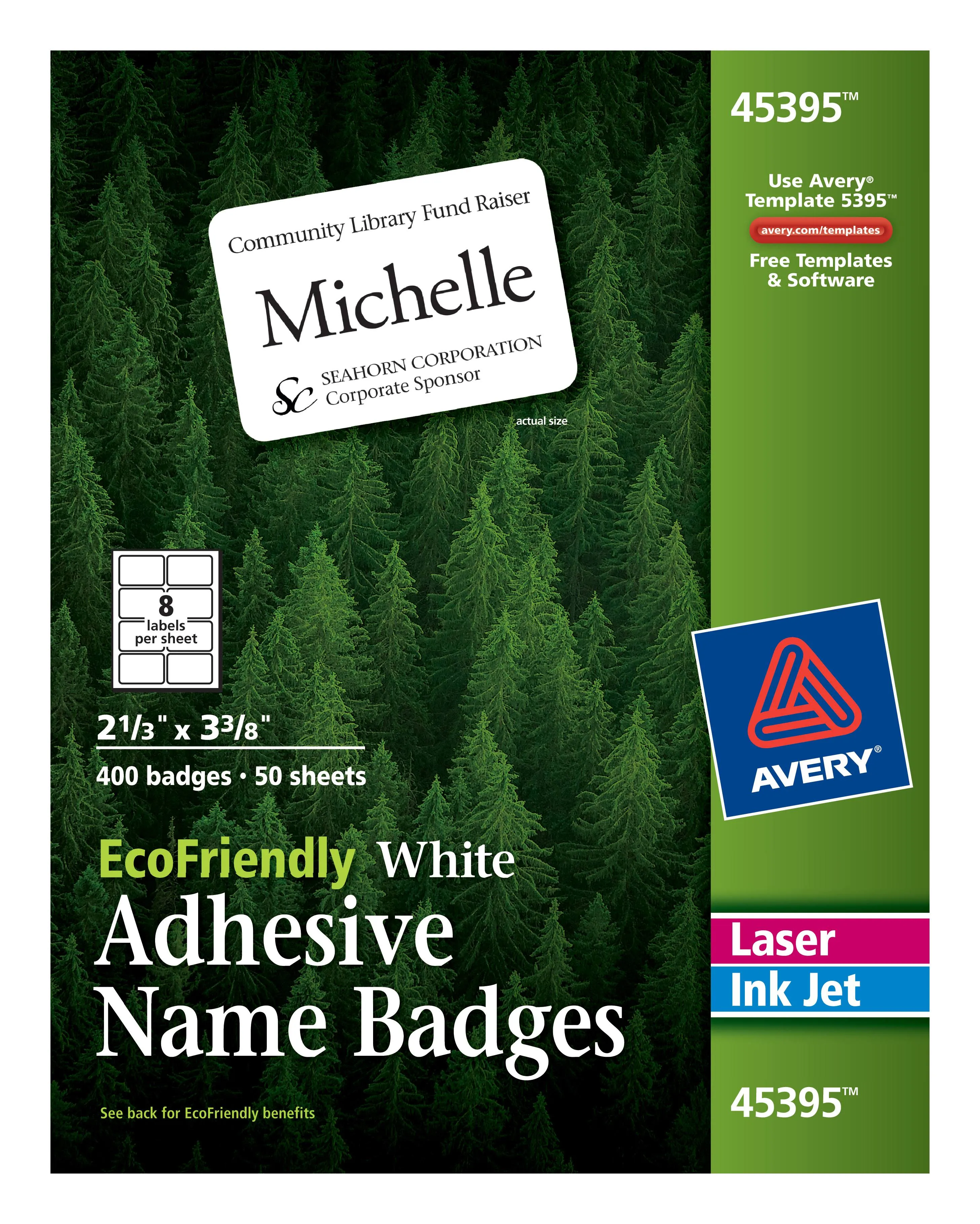 Avery 45395 Adhesive Name Badge Labels, 2-1/3 x 3-3/8, White, 400/Box