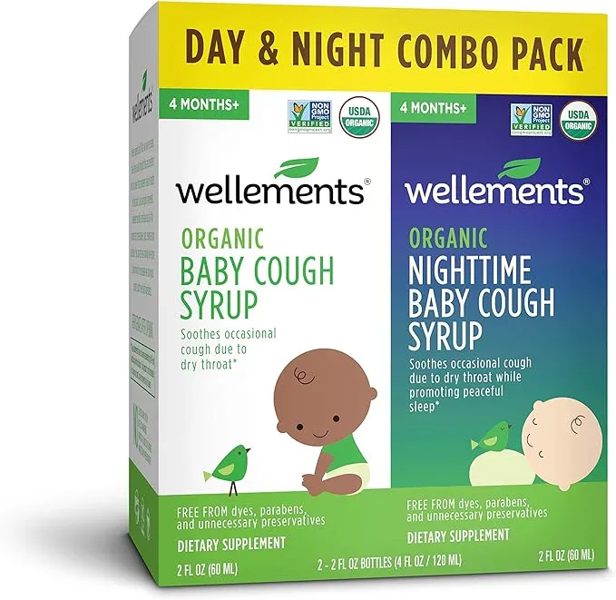 Wellements Organic Baby Cough Syrup Day & Night Value Combo Pack | Daytime & Nighttime Baby Cough Relief, Calms Dry Throats * USDA Organic | (2) 2 Fl Oz. Bottles, 4 Months+