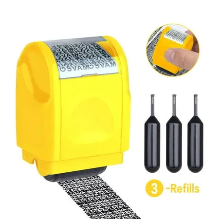 Identity Theft Protection Roller Stamps Refillable Guard Your ID Privacy Confidential Data Wide Security Stamp Roller with 3 Ink Refills Yellow