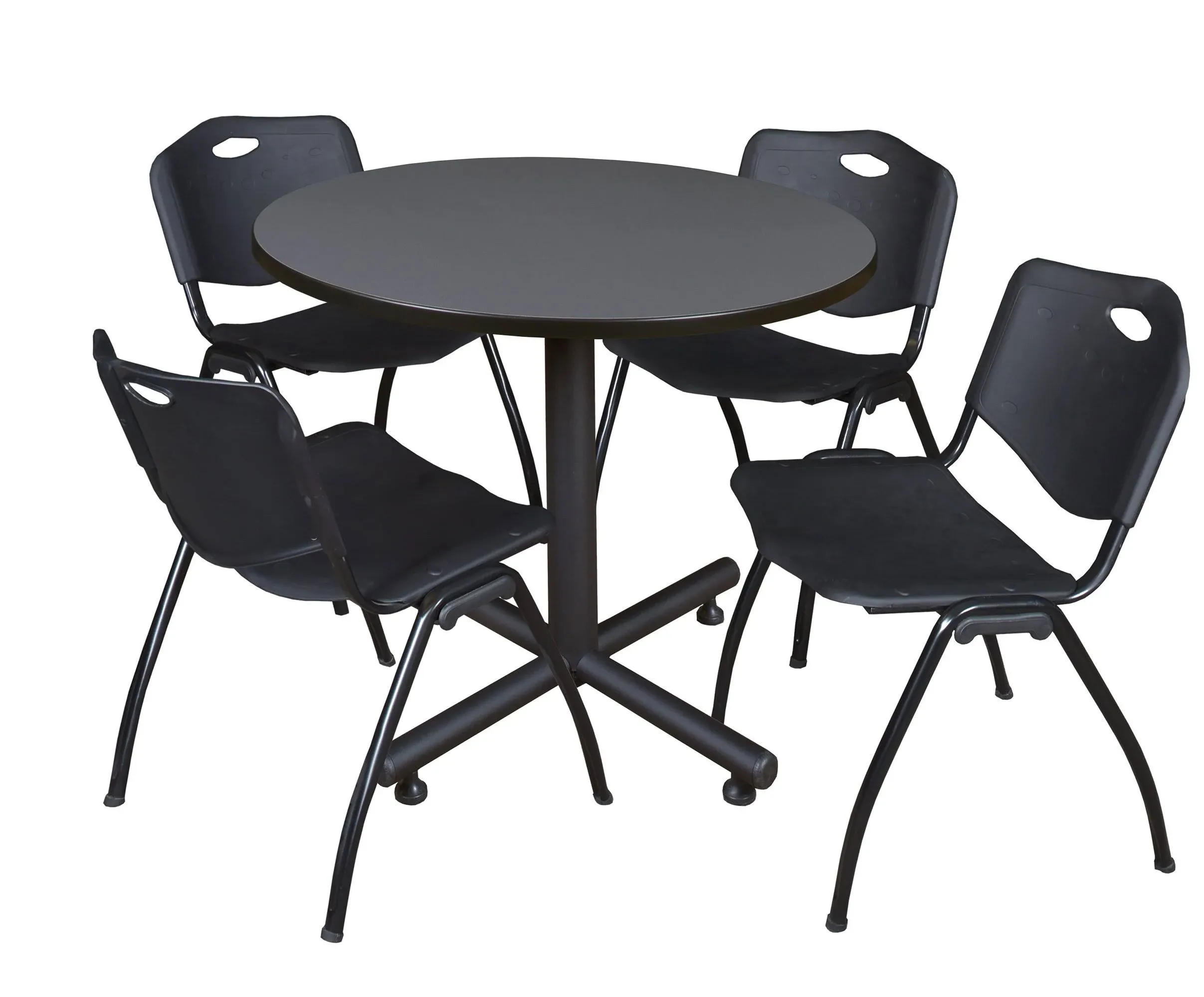 Kobe 42" Round Breakroom Table- Grey & 4 'M' Stack Chairs- Black