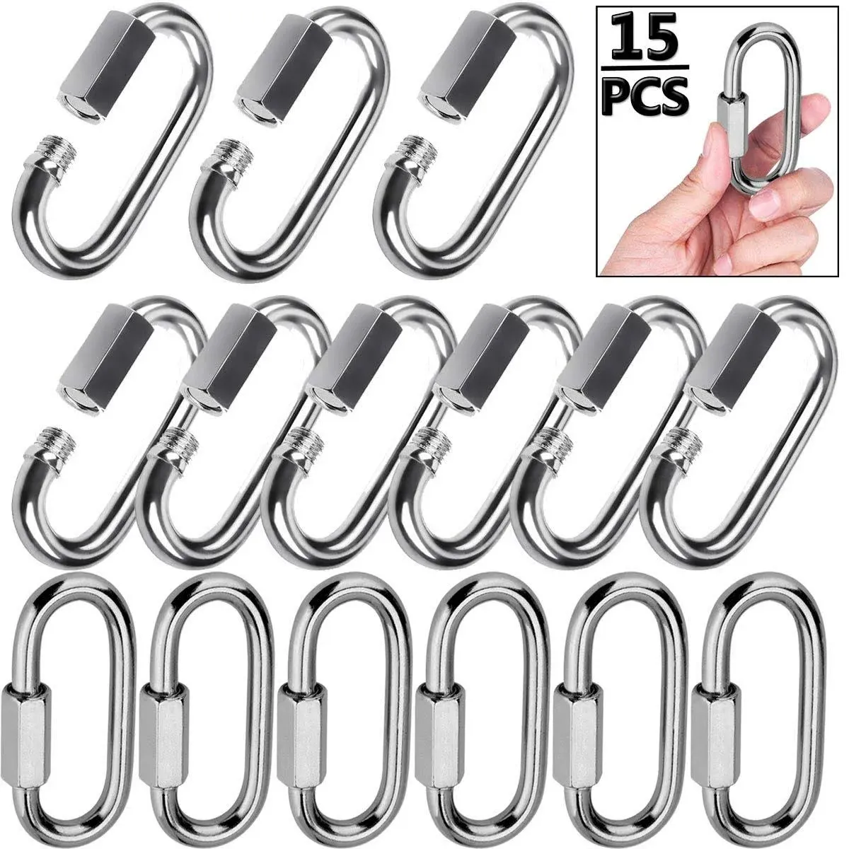 Quick Link, Lsqurel 304 Stainless Steel D Shape Locking Carabiner Heavy Duty Chain Link Keychain for Outdoor Fence Gate Swings Pet Dog M4 M6 M8 M10 M12 Capacity 200lb 600lb 1200lb 2400lb 3000lb