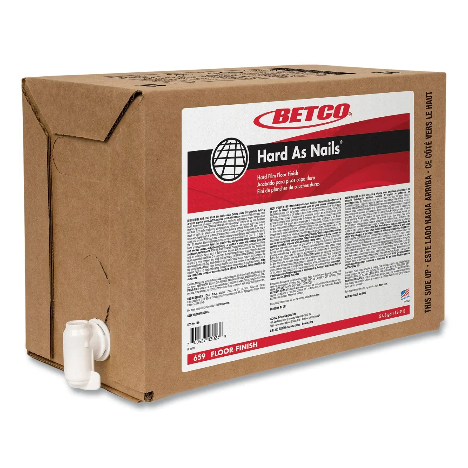 Betco Hard As Nails Floor Finish, 5 Gal Bag-in-box