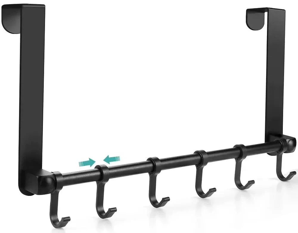 MGahyi Over The Door Hooks, Moving 6-Hooks,Over Door Towel Rack,Door Coat Hanger, Upgraded Long Arms for Bathroom Accessories (Black)