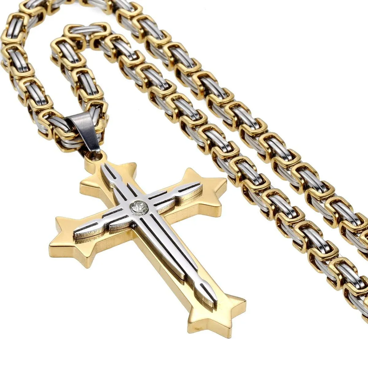 Hermah Men Cross Pendant Necklace Byzantine Box Stainless Steel Chain 24inch Silver Gold