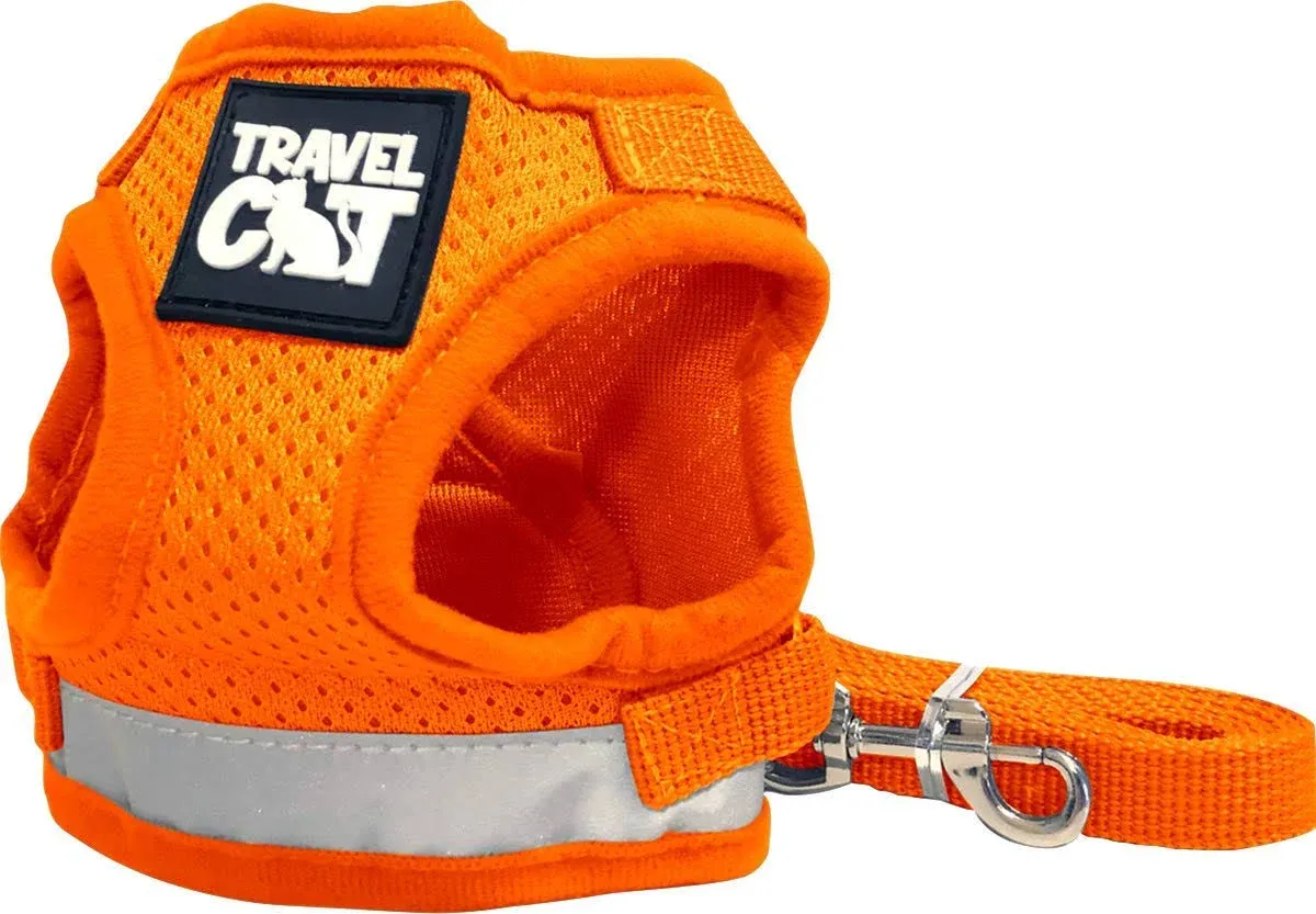 Travel Cat Harness and Leash Set - Adjustable Fit Mesh Cat Harness and Reflective Strap - Comfort Escape Proof Harness for Cats, Kitten for Outdoor Walking, Hiking (Medium, Orange)