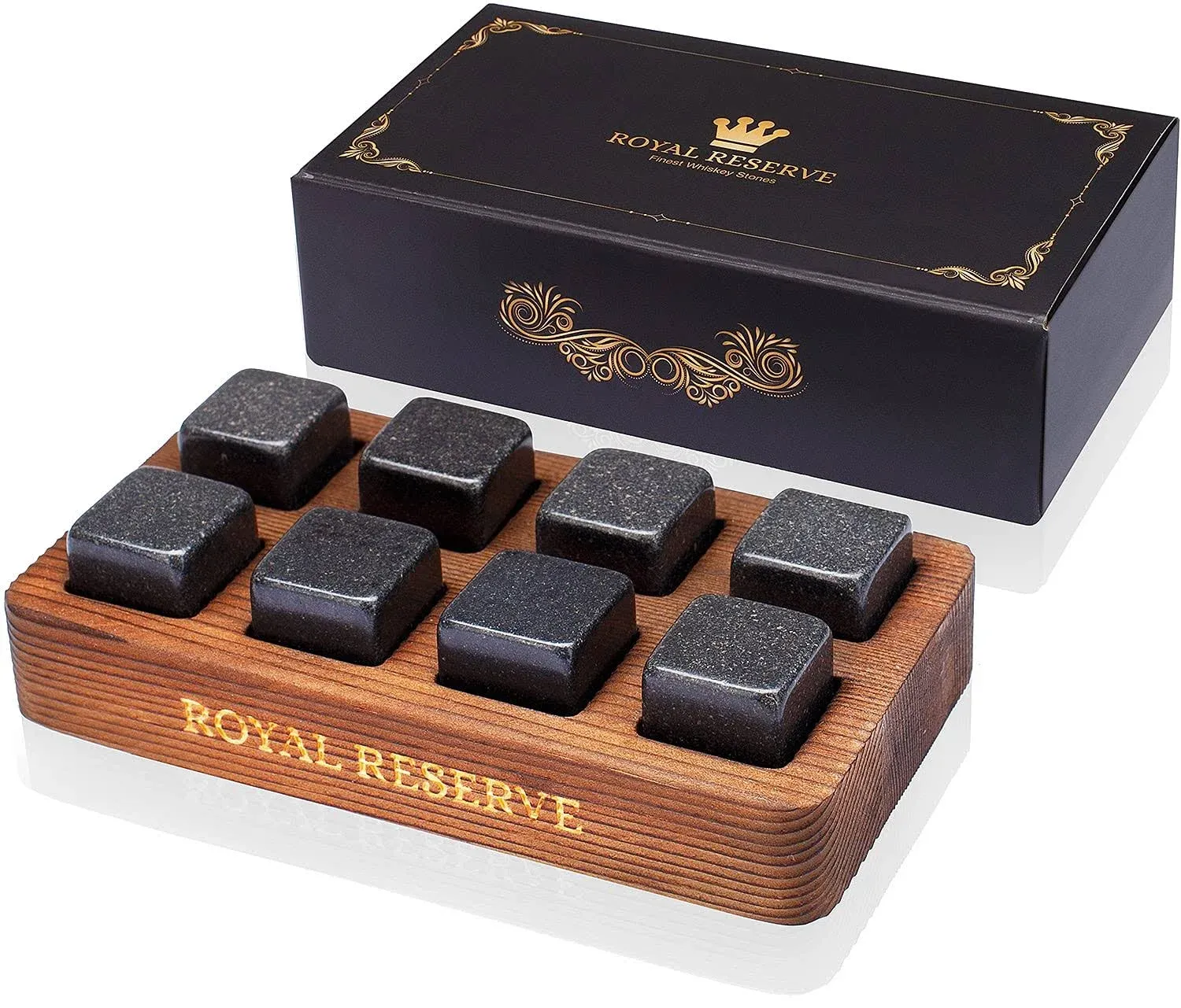 Royal Reserve Whisky Gifts for Men Reusable Whisky Stones Set Wood Tray Bourbon Ice Cubes