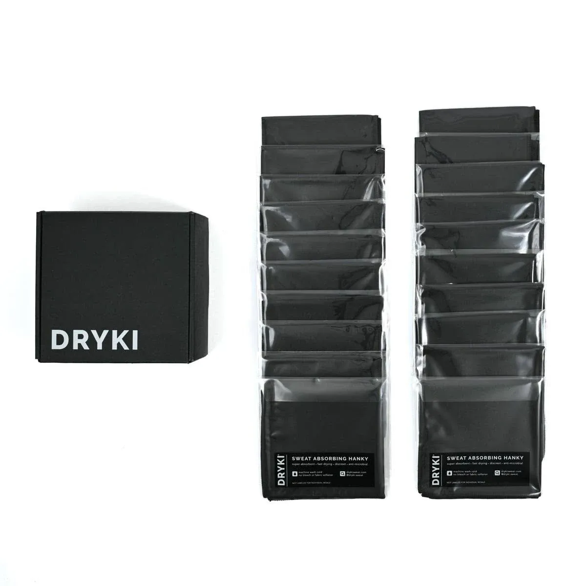 DRYKI Sweat Absorbing Handkerchiefs - The Original Sport Microfiber Hankies for Wicking Sweat from Hands, Face, Body (Classic Black, 20 Pack