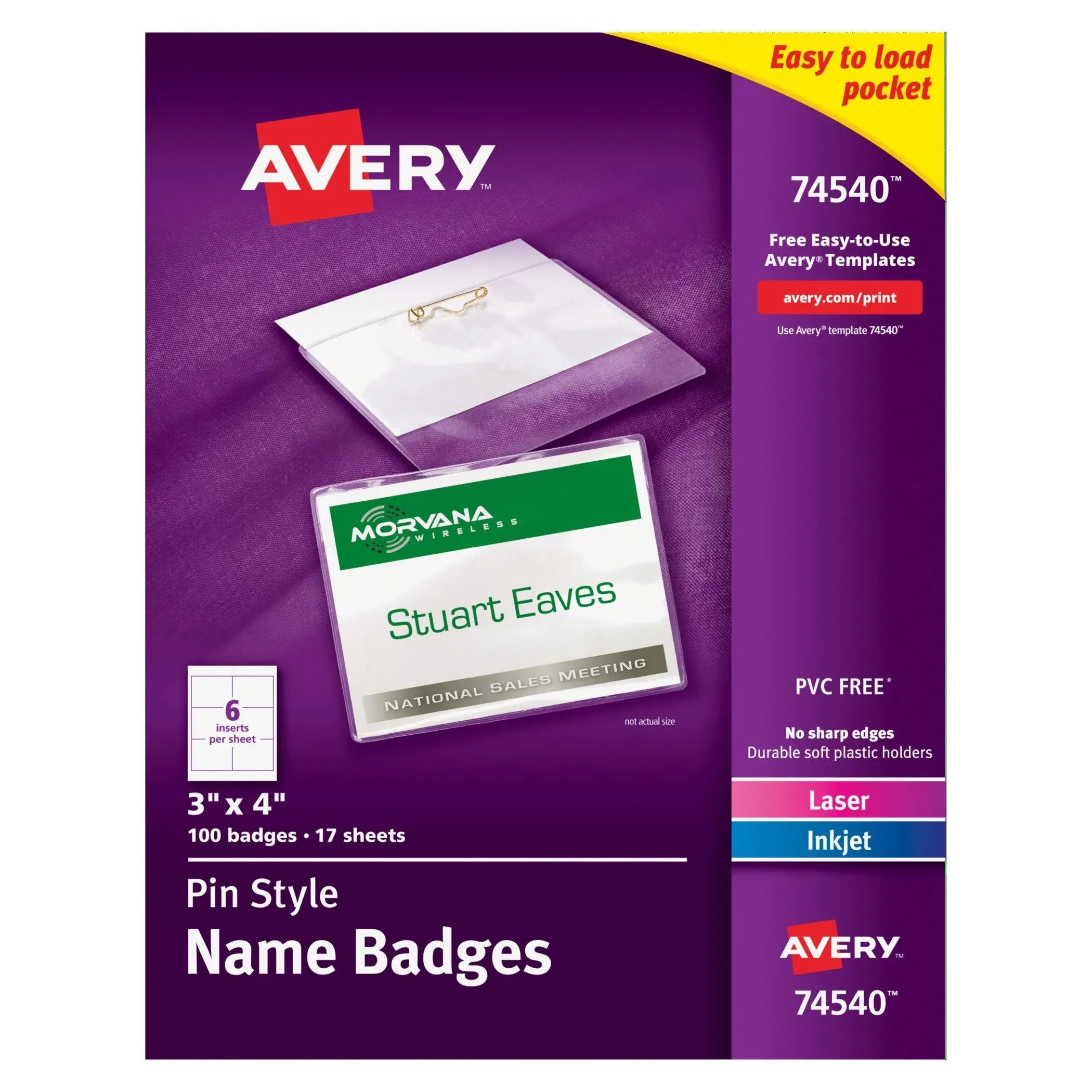 Avery Pin-Style Badge Holder with Laser-Inkjet Insert, Top Load, 4 x 3, White, 100-box