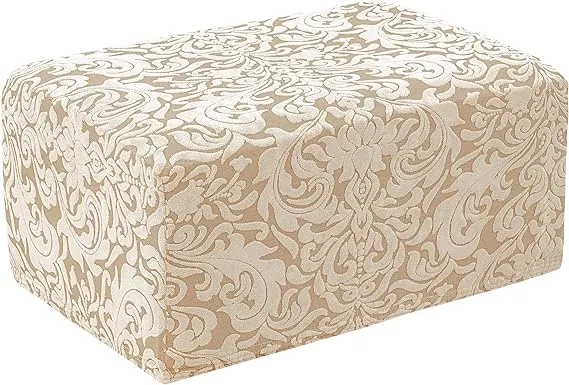 subrtex Ottoman Slipcover Jacquard Damask Oversize Stretch Storage Protector Rectangle Footstool Sofa Slip Cover for Foot Rest Stool Furniture in Living Room (XL, Damask Linen)