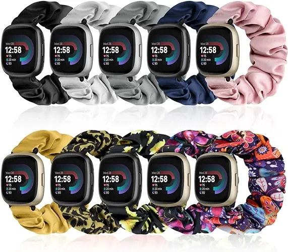 TOYOUTHS 2 Packs Scrunchie Bands Compatible with Fitbit Versa 4/Versa 3/Fitbit Sense/Sense 2 Stretchy Women Cute Bracelets Elastic Breathable Wristbands