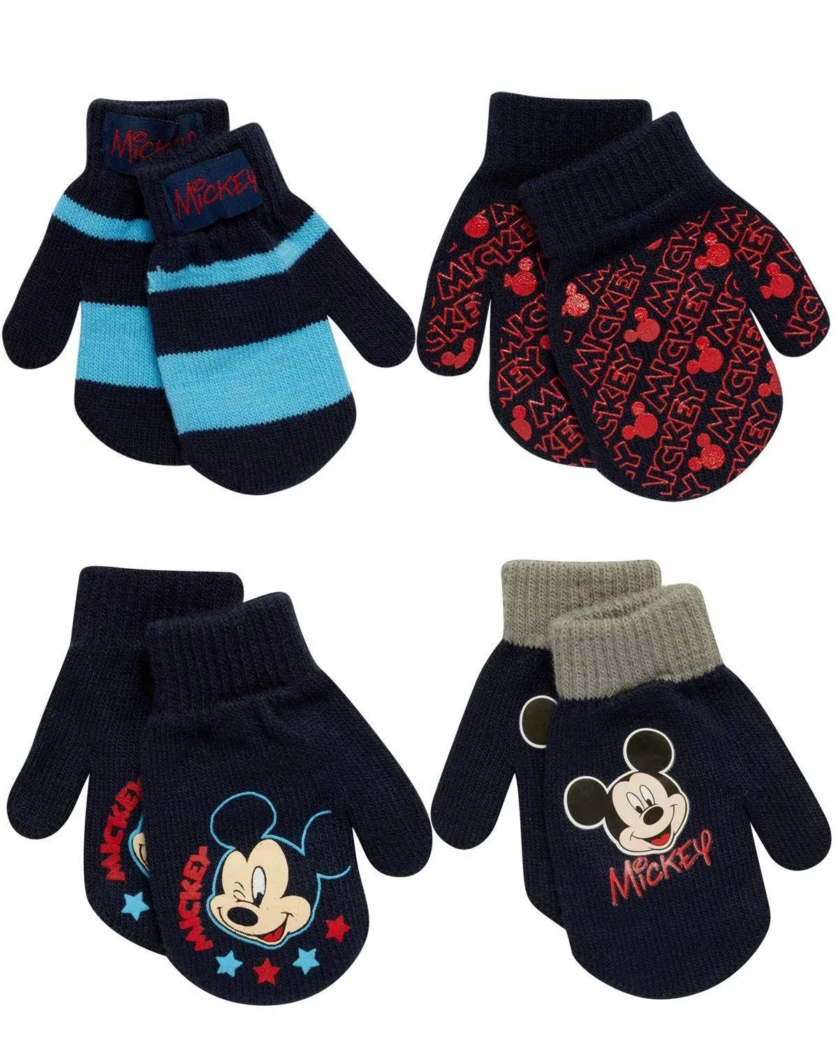 Disney Mickey Mouse 4 Pack Mitten or Glove Set, Toddler or Little Boy Ages 2-7