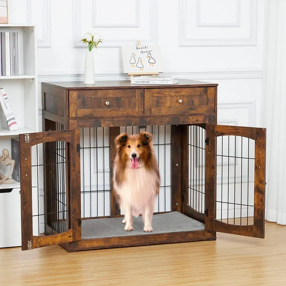 Shininglove 39.4" Large Dog Crate Furniture with 3 Doors, Wooden Dog House Kennel with 2 Drawer & Cushion for Medium/Large Dog