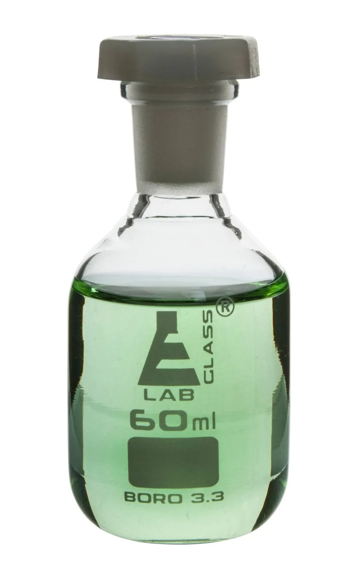 Reagent Bottle, 60mL - Clear - With Acid-Proof Polypropylene Stopper - Borosilicate Glass