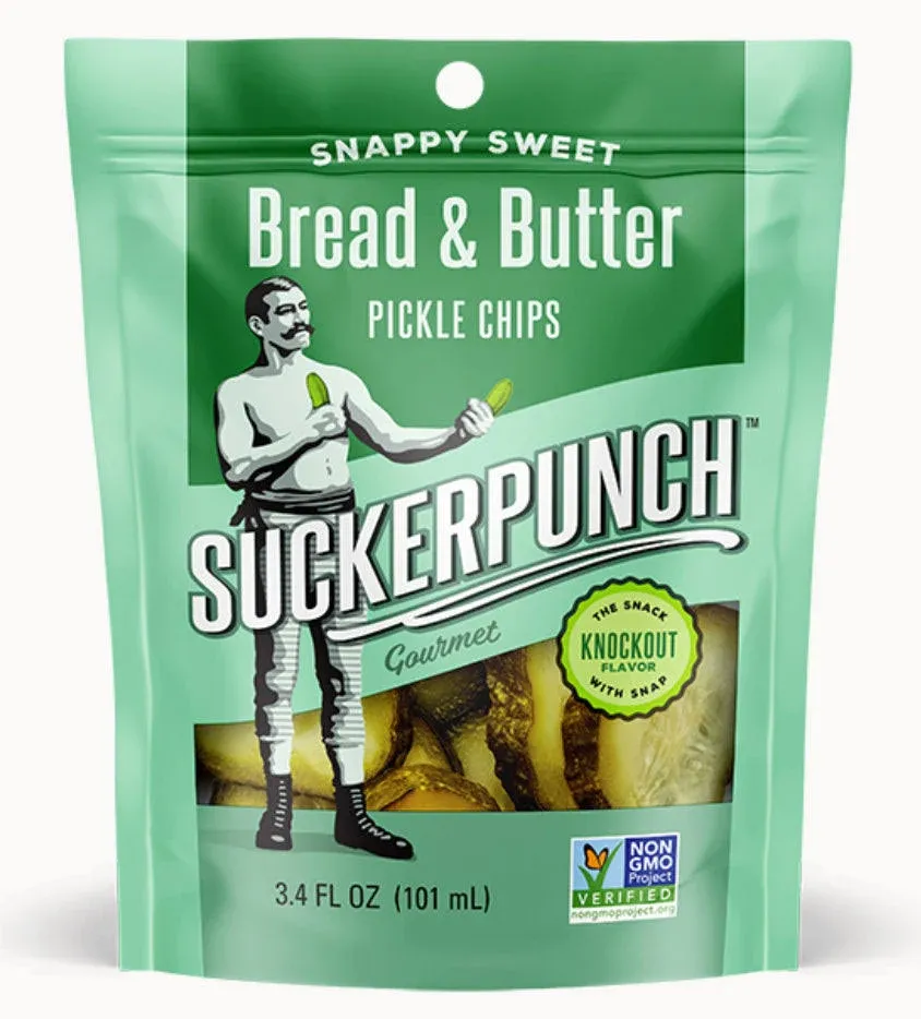 SuckerPunch Snappy Sweet Bread N’ Butter Dill Pickles Chip-Cut, Gluten Free, Kosher, Sugar Free, Low Calorie, Low Carb, on the Go, Non GMO, Keto Friendly, Vegan, 3.4 Oz Single Serve Pouch (12 Pack)